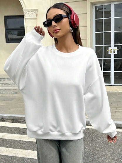 Felpa Sportiva Bianca da Donna per Autunno e Inverno, Top Casual Ampio, Nuova Felpa Casual a Maniche Lunghe con Collo Tondo in Tinta Unita