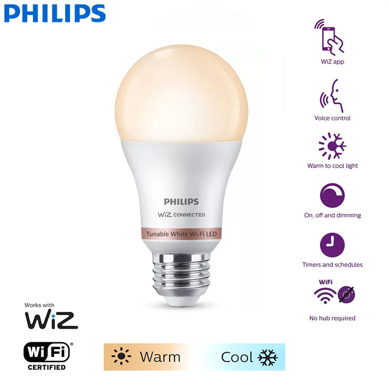 Philips LED Wi-Fi bianco sintonizzabile 8W A60 E27 Lampadina intelligente 220-240V Controllo app WiZ Lampada dimmerabile EyeComfort di colore bianco caldo per freddo