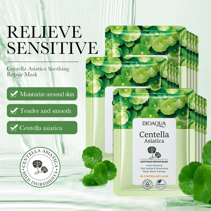 5 maschere per il viso a base di Centella Asiatica BIOAQUA, con azione lenitiva, idratante, anti-età, riparatrice, per contrastare l’acne e migliorare la salute della pelle.