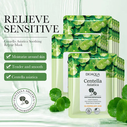 5 maschere per il viso a base di Centella Asiatica BIOAQUA, con azione lenitiva, idratante, anti-età, riparatrice, per contrastare l’acne e migliorare la salute della pelle.