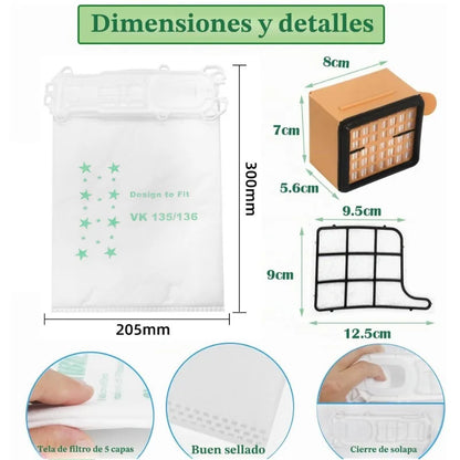 2 filtri per motore, 12 sacchetti per la polvere, 2 filtri per aspirapolvere Vorwerk Folletto VK135 VK136, accessori di ricambio per la pulizia.