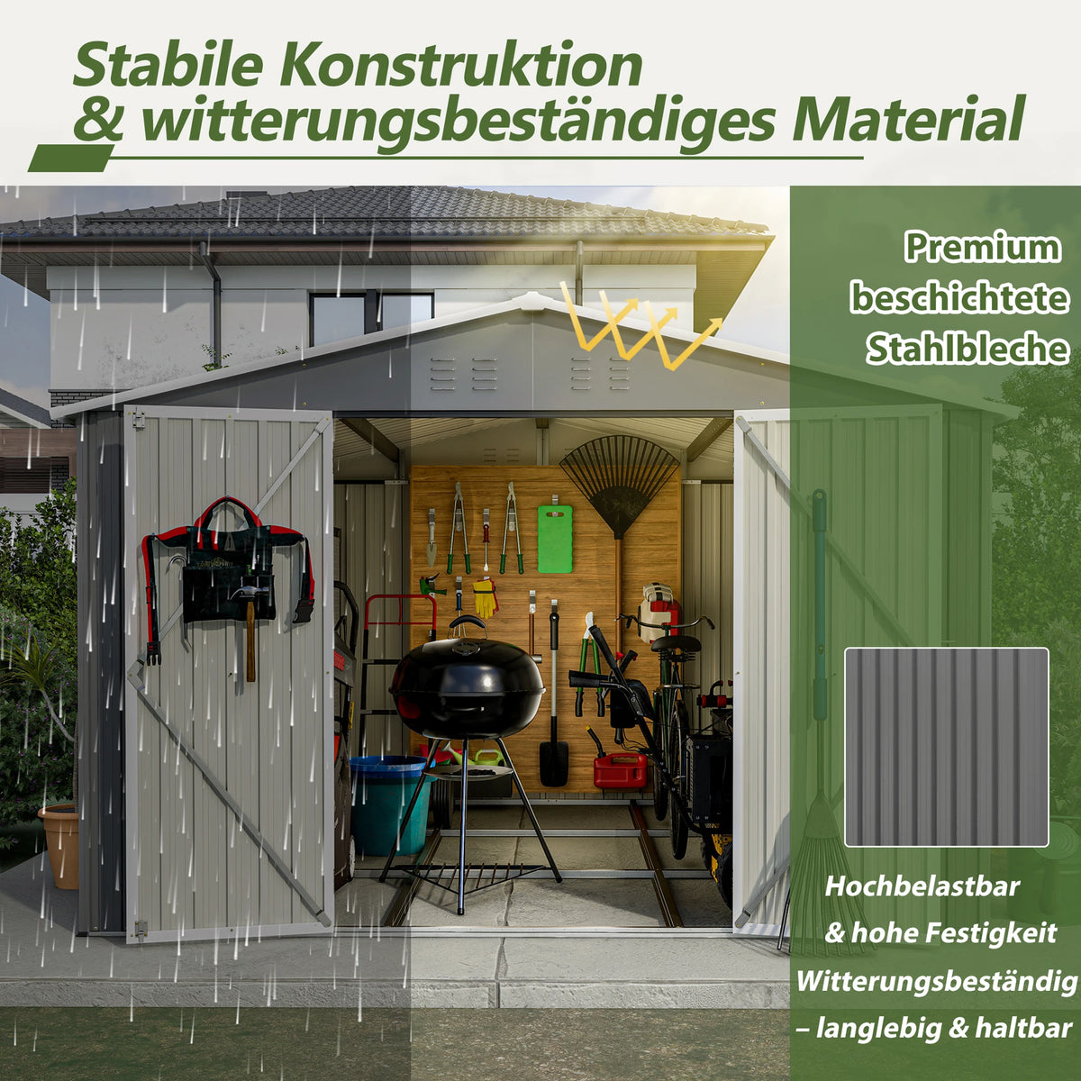 Capannone da Esterno in Metallo 10*10FT con Telaio di Supporto, Doppie Porte Chiudibili e Prese d'Aria, Edificio Impermeabile per lo Stoccaggio di Attrezzi da Giardino e Attrezzature per Prato.