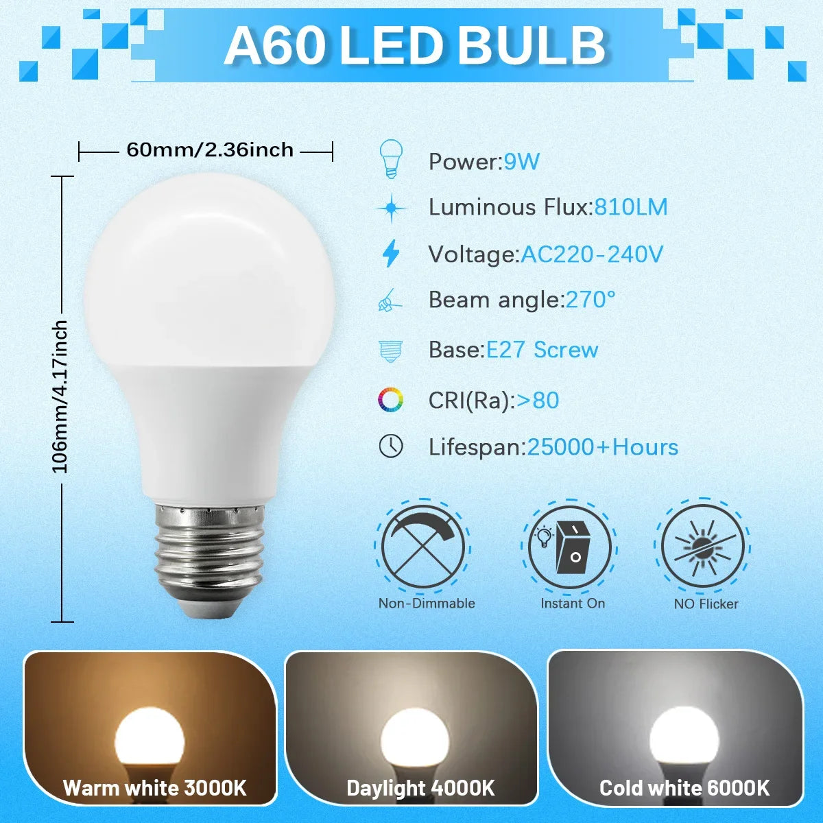 Confezione da 6/8/10 Lampadine LED E27 AC 220V 230V, 90LM/W CRI90 3W-24W, Illuminazione Bianca Calda/Fredda 3000K/4000K/6000K per Uso Domestico