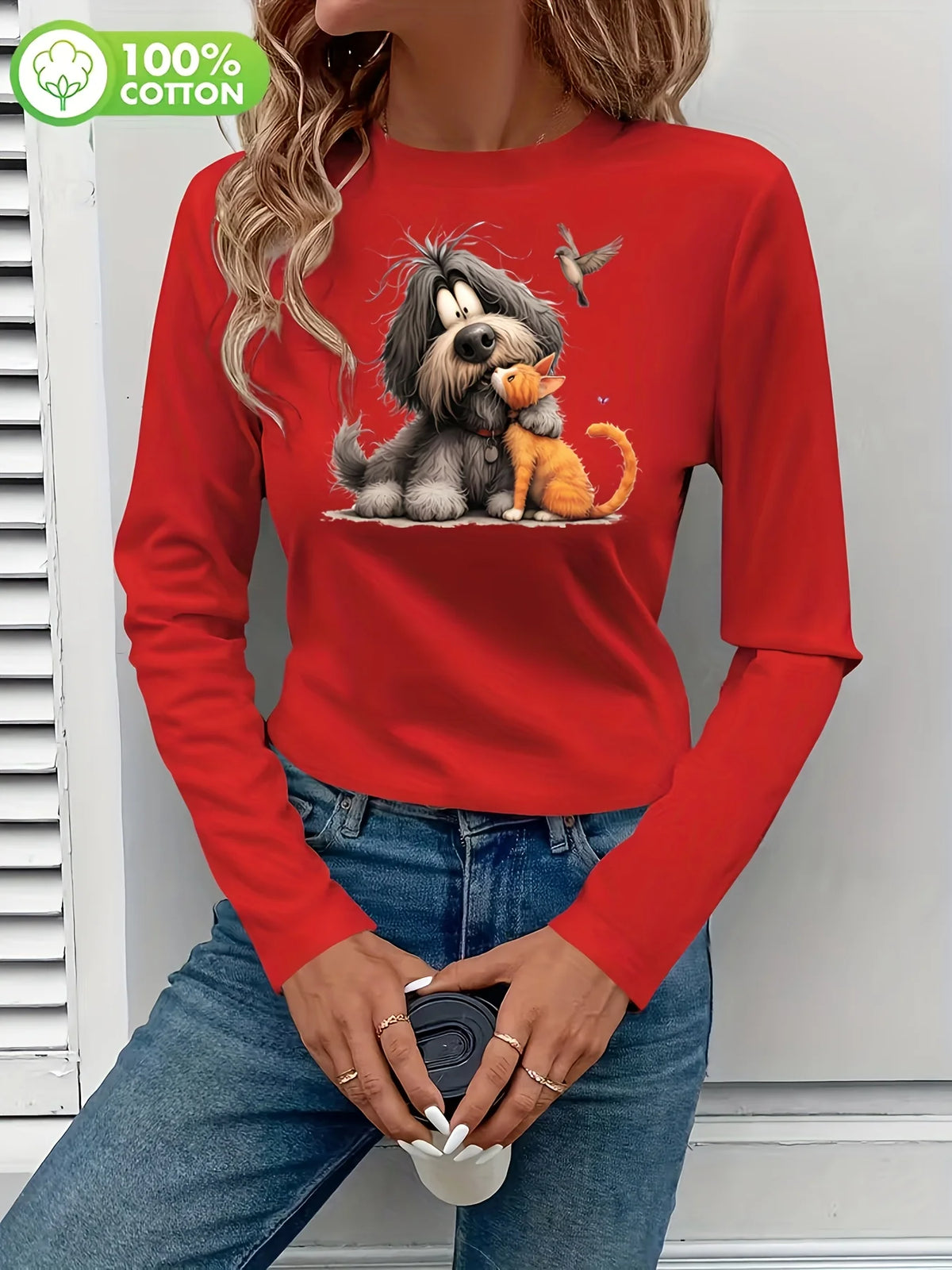 T-shirt da donna in 100% puro cotone, a maniche lunghe, con scollo rotondo, stile casual, con stampa grafica floreale, vestibilità ampia, ideale per la primavera e l'autunno.