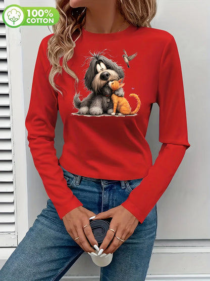 T-shirt da donna in 100% puro cotone, a maniche lunghe, con scollo rotondo, stile casual, con stampa grafica floreale, vestibilità ampia, ideale per la primavera e l'autunno.