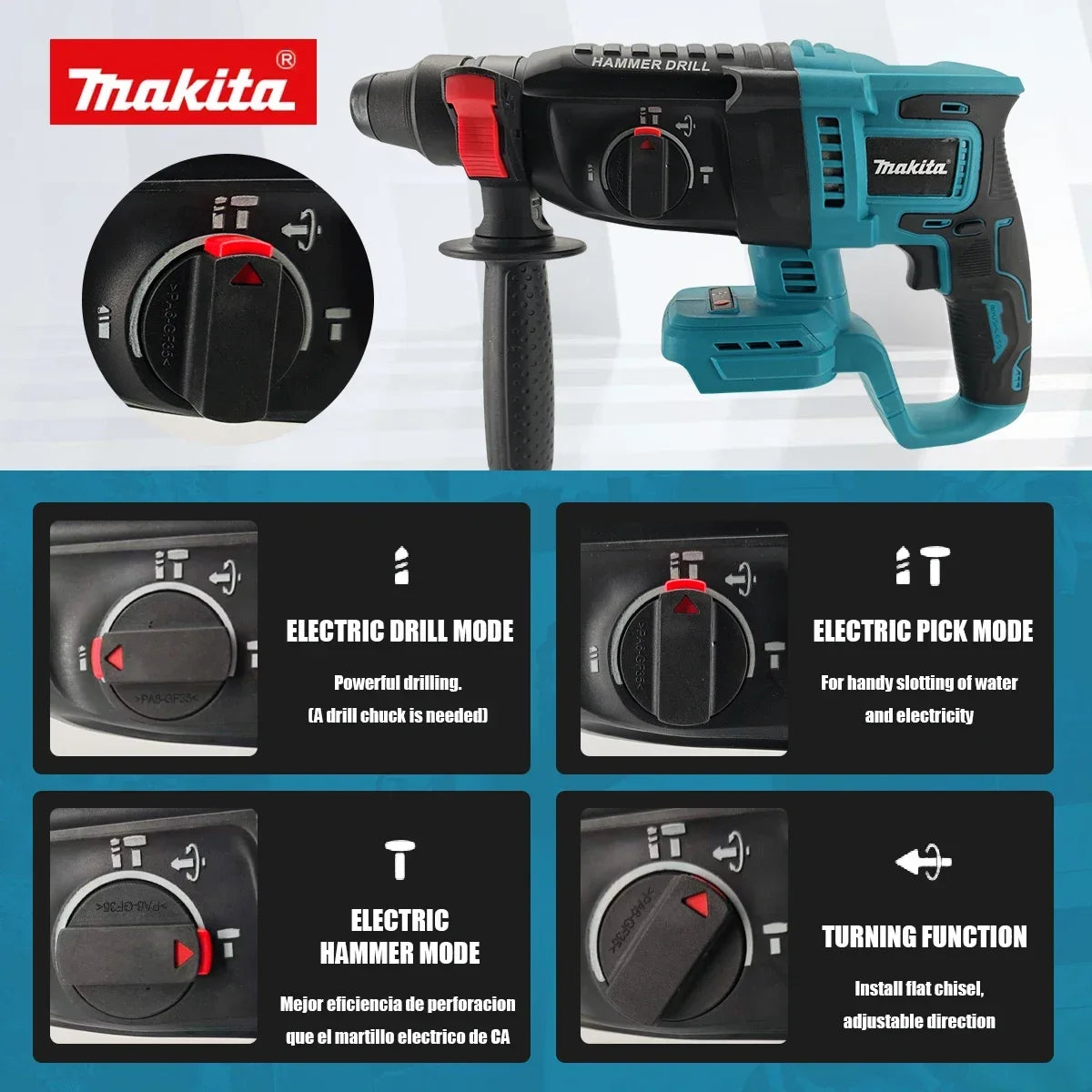 Martello Perforatore Rotativo Cordless Makita DHR242 18V Originale al 100%, Senza Spazzole, 24mm per Calcestruzzo, 4700 IPM, 3 Modalità, Professionale per Lavori Pesanti