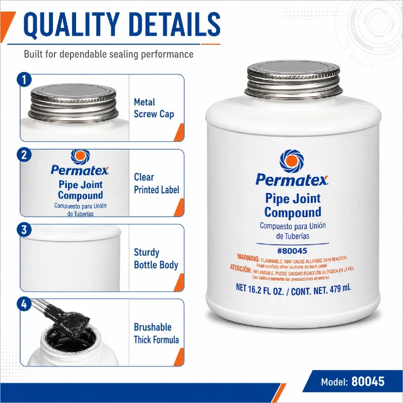 Permatex 80045 Sigillante per Giunti di Tubi Resistente al Calore per Linee di Acqua, Olio e Carburante Non Indurente 479mL