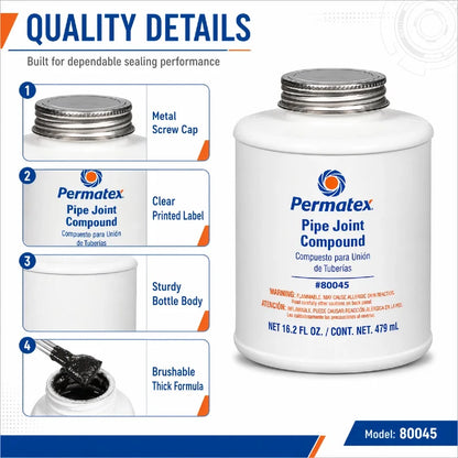 Permatex 80045 Sigillante per Giunti di Tubi Resistente al Calore per Linee di Acqua, Olio e Carburante Non Indurente 479mL