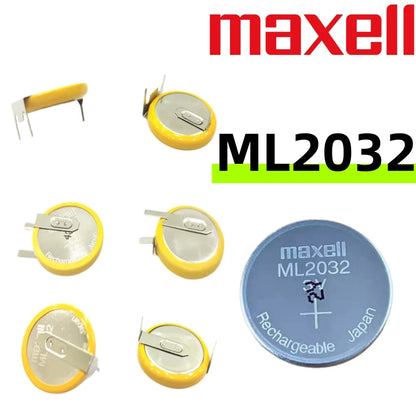 Batteria a bottone ricaricabile al litio Maxell ML2032 con terminali per saldatura, 3V, distanza tra i piedini 20 mm, per schede madri CMOS