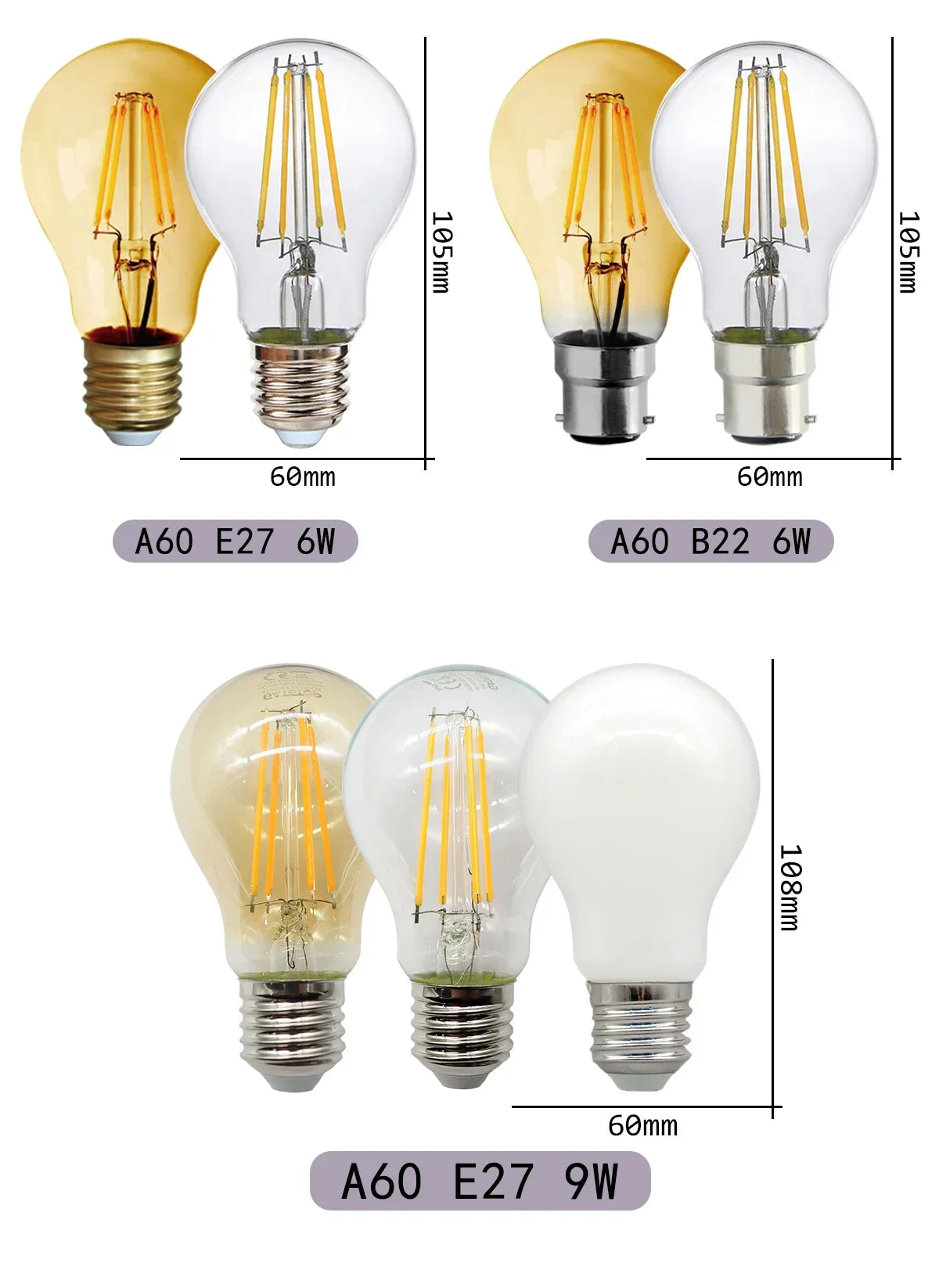 Confezione da 10 lampadine a filamento LED per E27 B22 220V 240V 4W 6W 9W Lampadine a LED bianche calde Lampada in vetro vintage