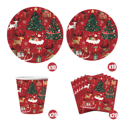 Set di stoviglie per feste a tema natalizio, con decorazioni a tema renna e albero, piatti, bicchieri e tovaglioli di carta usa e getta, articoli per le feste di Capodanno.