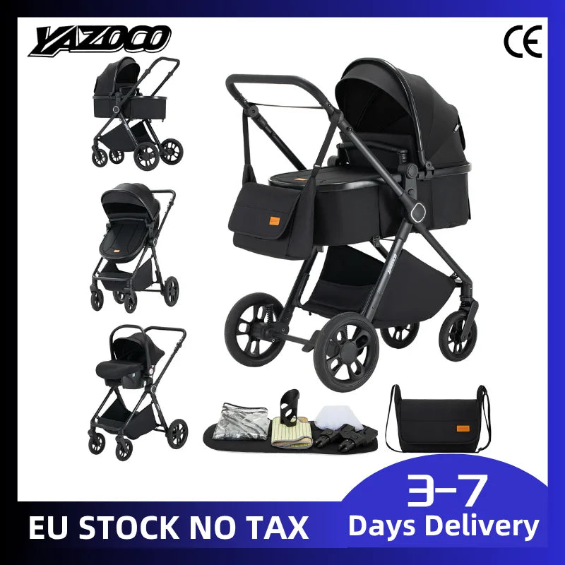 Passeggino 3-in-1 Pieghevole per Neonati con Seggiolino Auto e Culla, Telaio in Alluminio Leggero, Passeggino Estivo Traspirante per Panorami