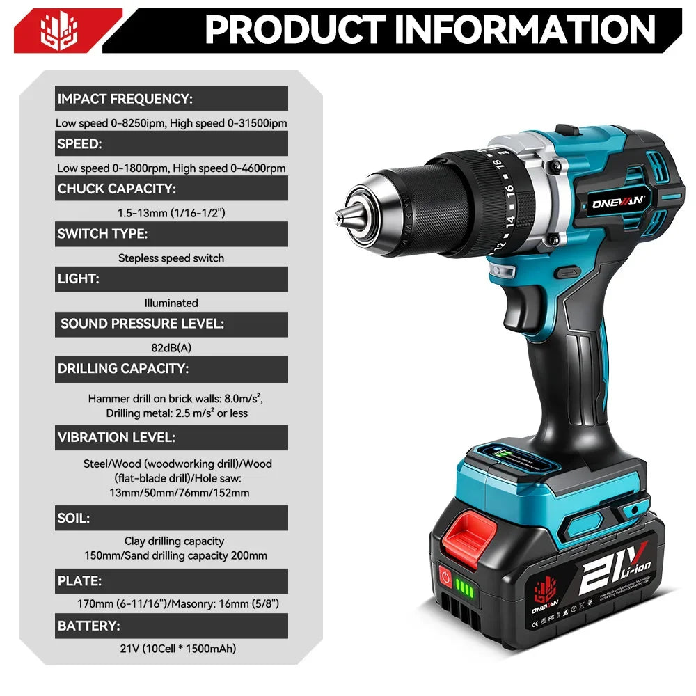 Trapano elettrico brushless ONEVAN 1500W, avvitatore a batteria, martello perforatore per lavorazione del legno, utensile elettrico compatibile con batteria Makita 18V.