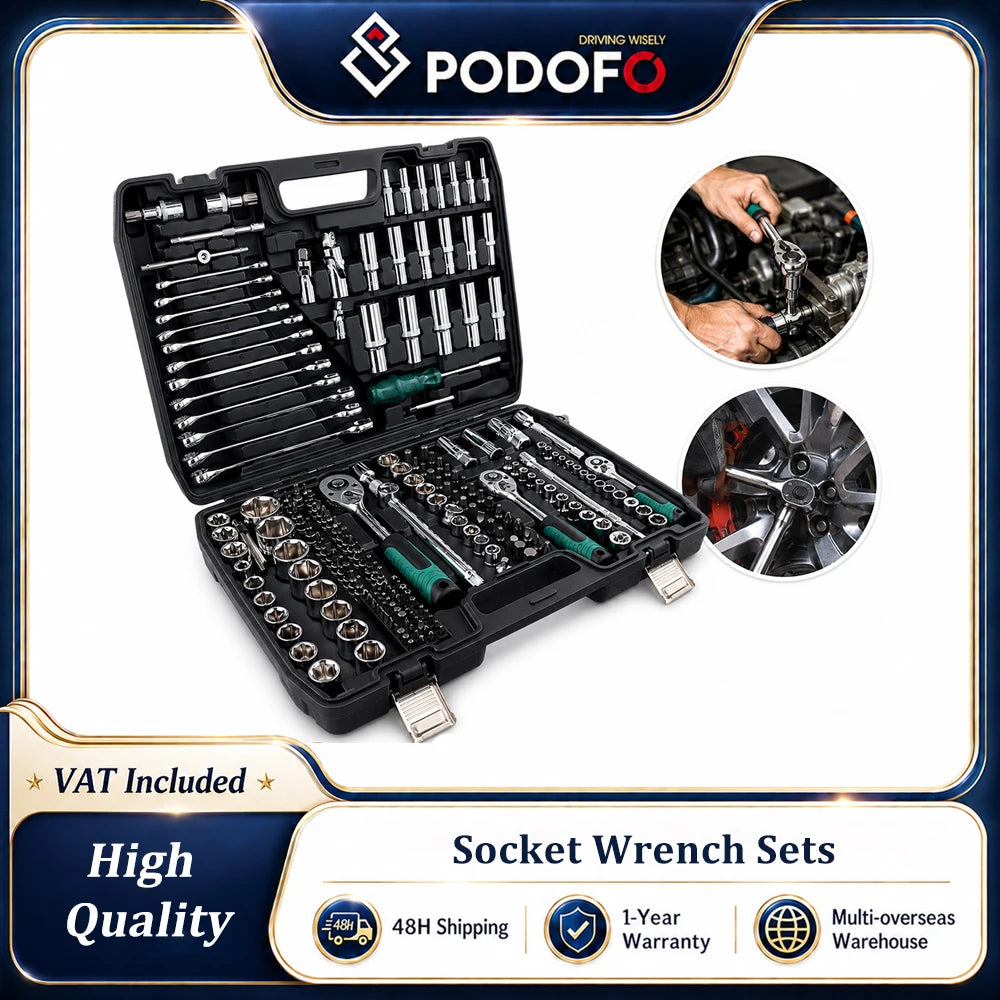 Podofo Set di 216 Pezzi di Utensili Avanzati per Riparazione Auto, Set di Chiavi a Bussola da 1/4", 3/8", 1/2" con Chiave a Cricchetto a 24 Denti, Chiave a Cricchetto Ergonomica, Set di Utensili per Meccanici per Riparazione
