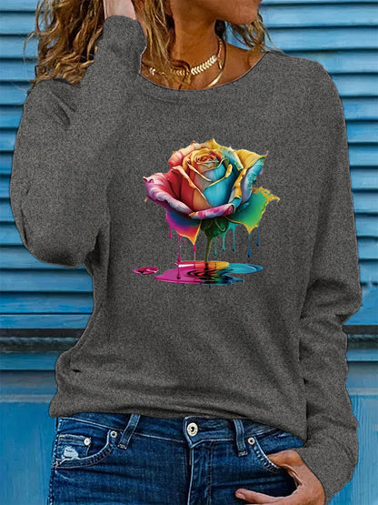 T-shirt da donna in 100% puro cotone, a maniche lunghe, con scollo rotondo, stile casual, con stampa grafica floreale, vestibilità ampia, ideale per la primavera e l'autunno.