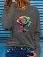 T-shirt da donna in 100% puro cotone, a maniche lunghe, con scollo rotondo, stile casual, con stampa grafica floreale, vestibilità ampia, ideale per la primavera e l'autunno.