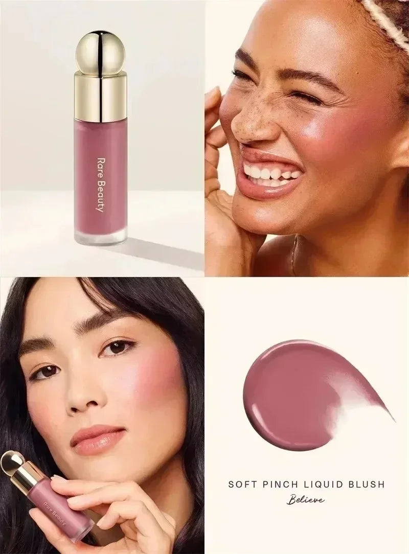 Balsamo per labbra multicolore in stick, blush liquido in polvere, linea di cosmetici Rare Beauty, Believe Happy Bliss, a lunga tenuta, facile da applicare, per un trucco impeccabile.