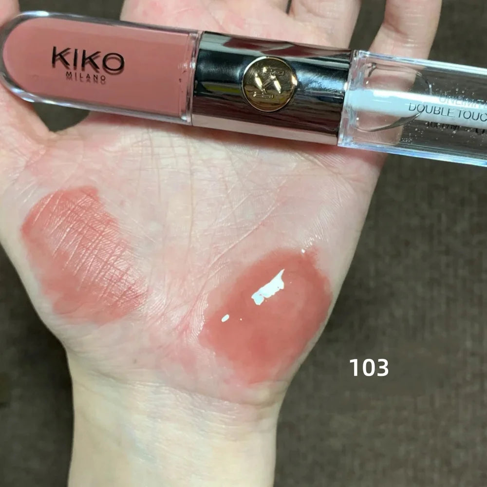 Rossetto a doppia punta Kiko, lucidalabbra effetto specchio trasparente, non sbiadisce, lucidalabbra opaco e vellutato, tinta latte e pasta di fagioli, trucco nude