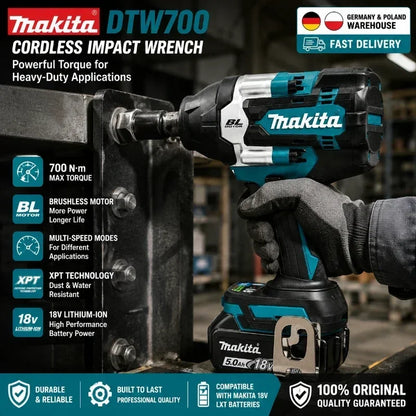 Avvitatore a impulsi Makita DTW700 a batteria 18V Brushless 700Nm, pistola a impulsi elettrica ad alta coppia con attacco da 1/2 pollice, velocità variabile, Auto-Stop per BL1830 BL1840 BL1850 BL1860B, spedizione rapida UE