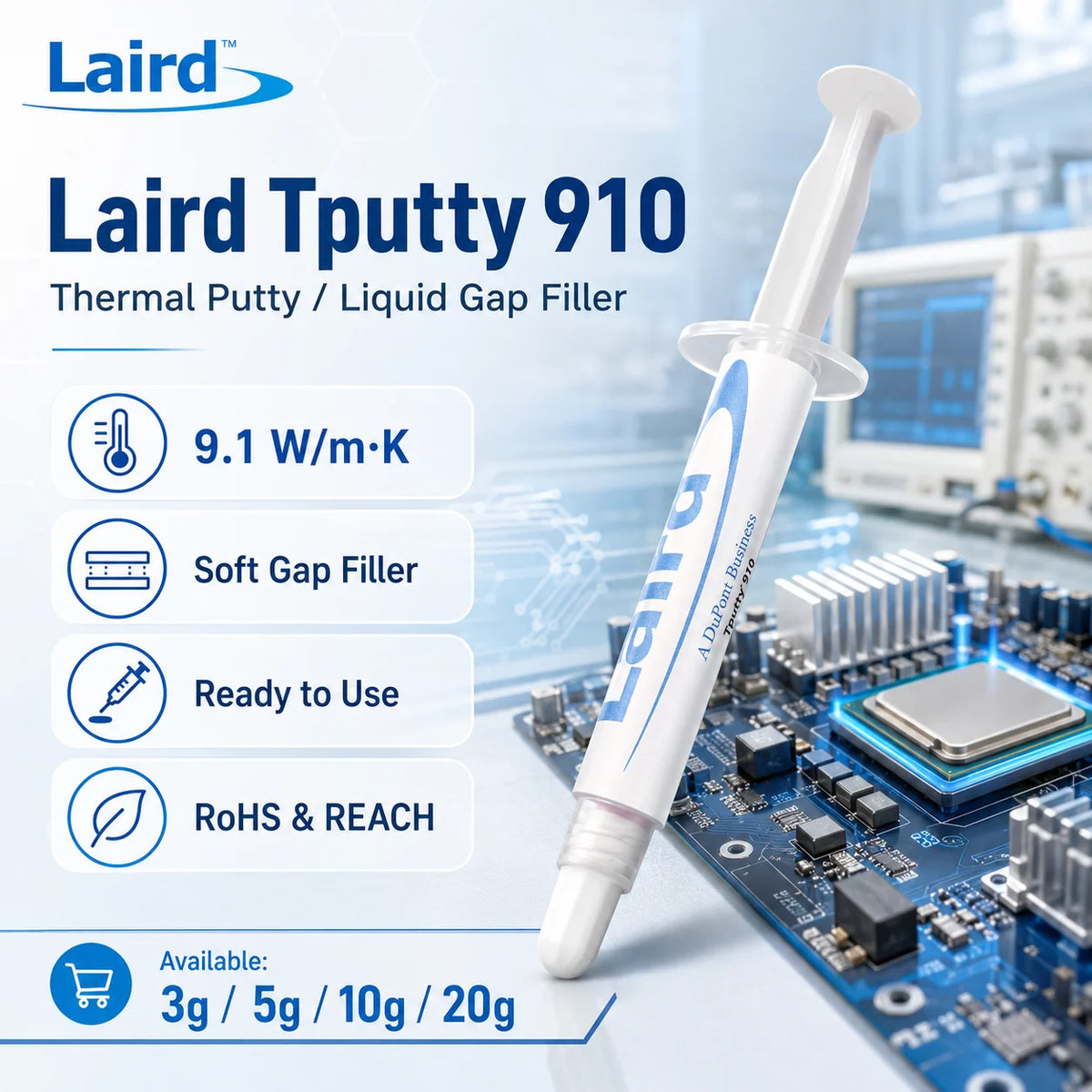 Laird Tputty 910 Thermal Putty 9.1W/mK Pasta Termica Monocomponente Liquida per CPU GPU IC Server Elettronica 3g 5g 10g 20g