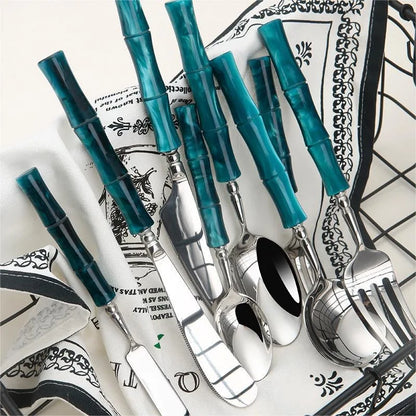 Nuovi posate in resina stile bambù 18/10 in acciaio inossidabile 304 posate classiche set di stoviglie argento blu verde crema trasporto di goccia