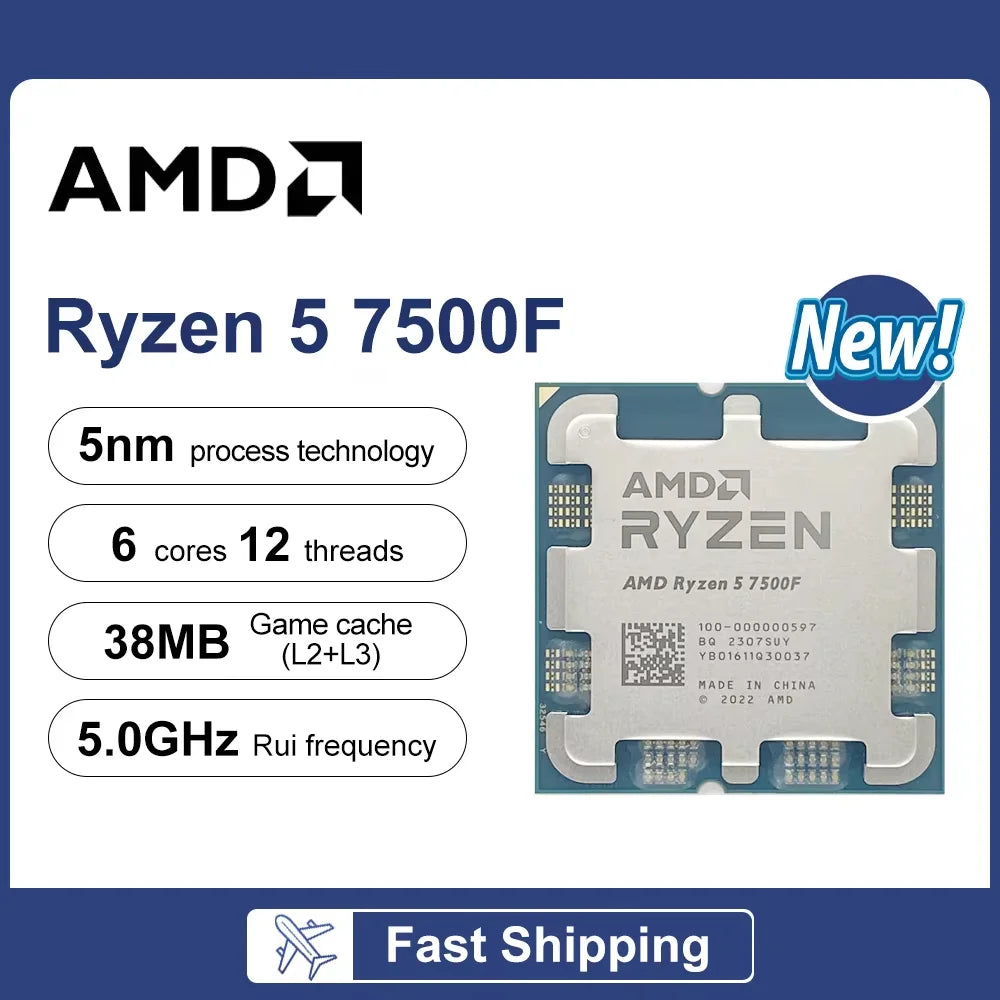 Processore Desktop AMD Ryzen 5 7500F, 6 Core, 5.0GHz, 38MB Cache, Socket AM5 (Dissipatore Non Incluso)
