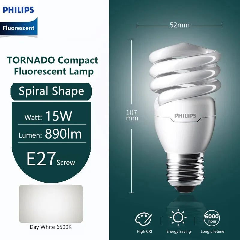 Philips Tornado Vite Edison fluorescente compatta E27 Luce a spirale 8W 12W 15W Lampadina a risparmio energetico 2700K 6500K Lampada a forma di torsione
