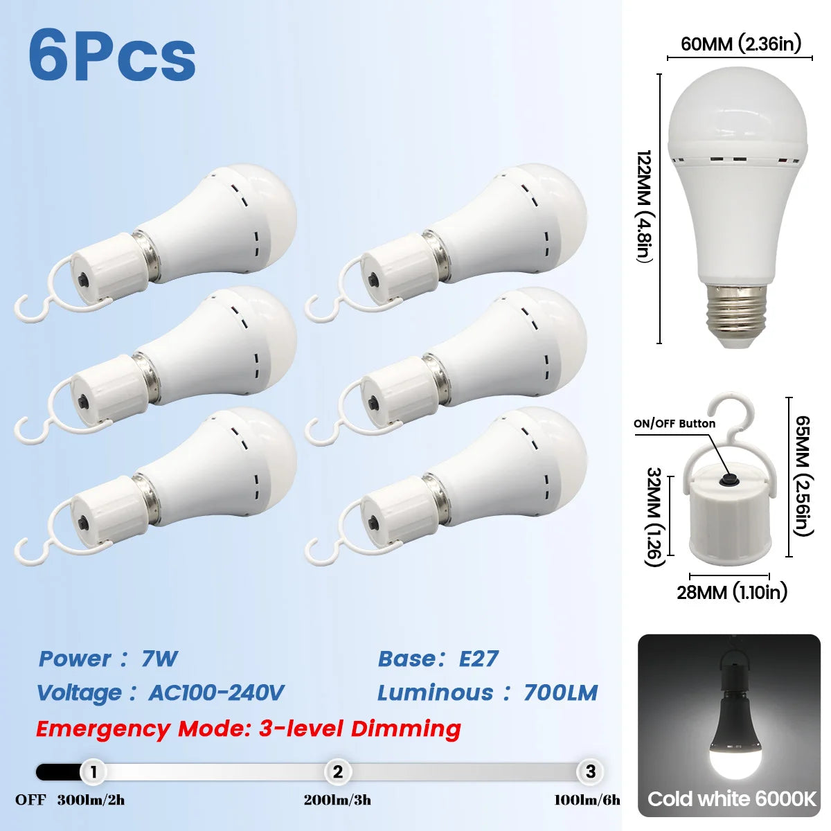 Lampadina LED ricaricabile E27 7W 1500mAh 220V 110V Lampadina di emergenza per alimentazione domestica Lampada da giardino per portico da campeggio in guasto all'aperto