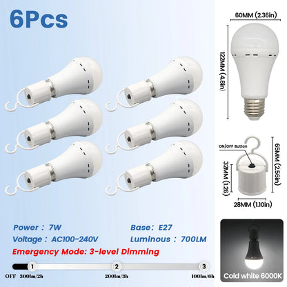 Lampadina LED ricaricabile E27 7W 1500mAh 220V 110V Lampadina di emergenza per alimentazione domestica Lampada da giardino per portico da campeggio in guasto all'aperto