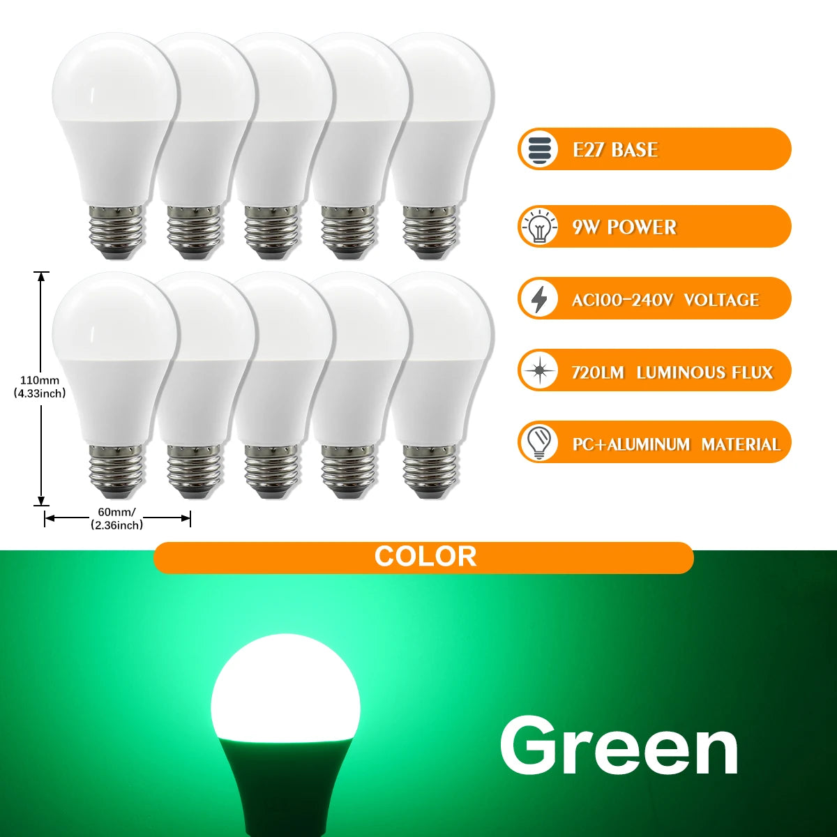 10 Lampadine LED E27 2200K 3000K 4000K 6000K AC100-240V Rosso Verde Illuminazione Colorata di Alta Qualità in Vetro PC per Arredamento Casa