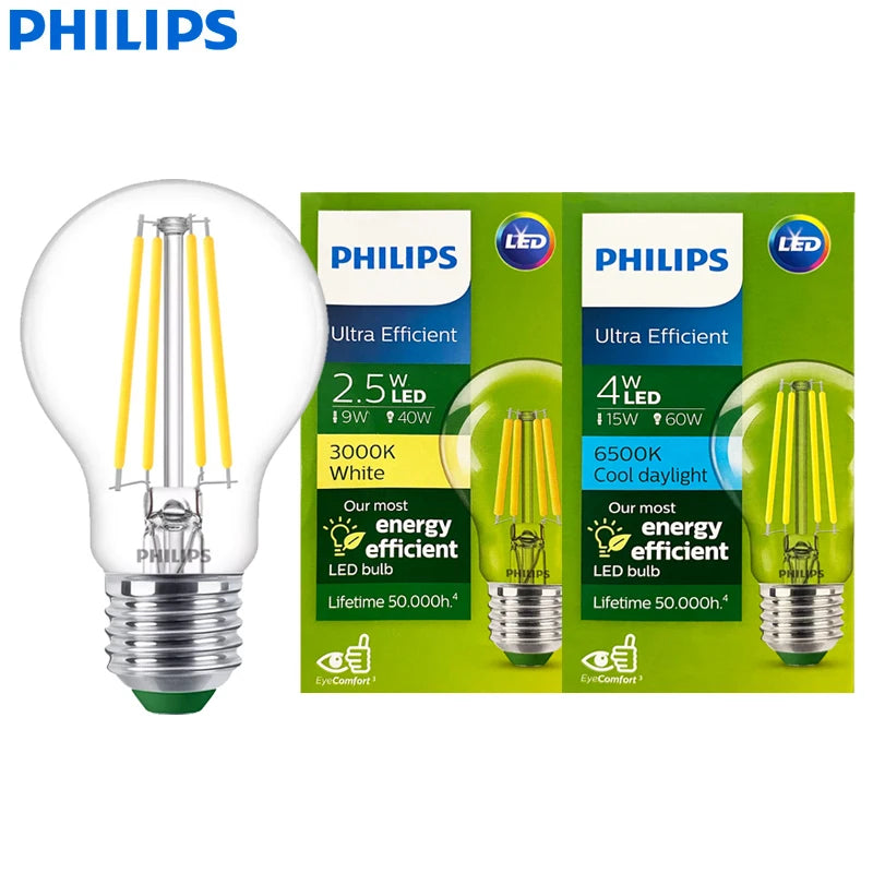 Philips Lampadina a filamento LED ultra efficiente Trasparente A60 E27 Vite Edison 2,5 W 4 W Lampada LED in vetro classico Colore bianco Risparmio energetico 1x