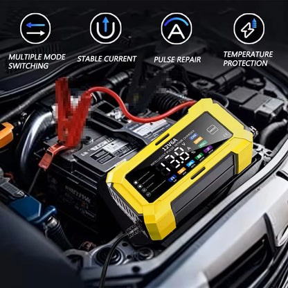 Caricabatterie per auto e moto con schermo a colori, 12V 6A, caricabatterie per batterie al piombo e al litio, spina europea, arresto automatico quando la carica è completa.
