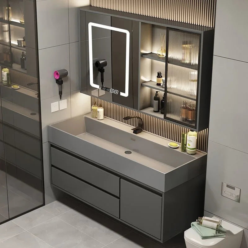 Combinazione di mobile lavabo e specchio da bagno in nano-roccia di lusso leggero