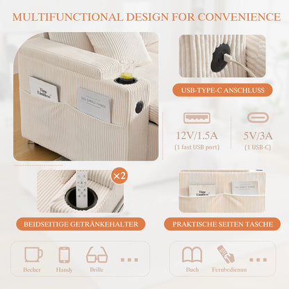 Divano in Velluto a 4 Posti con Vano Portaoggetti Integrato e Portabevande, Divano Moderno con Porte USB e Funzione Letto Estensibile