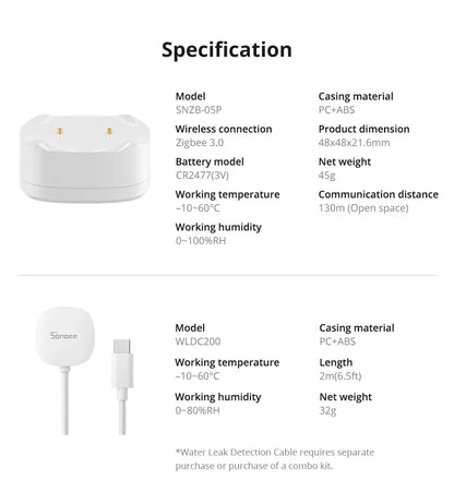SONOFF SNZB-05P Sensore di perdite d'acqua Zigbee Sonoff, Rilevatore d'acqua con avvisi in tempo reale, Notifiche multiple, Supporto esteso