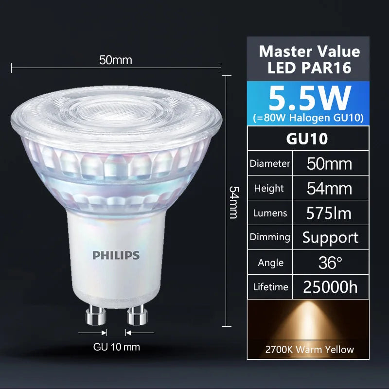 Philips LED GU10 PAR16 MASTER Value 5.5W (=80W Alogeno) 220-240V 36 °   Faretto Orientabile Dimmerabile LED Bianco 2700K 3000K 6500K