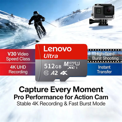 Scheda di memoria Lenovo da 1 TB, scheda di memoria ad alta velocità da 128 GB, scheda Micro SD da 512 GB e 256 GB, classe 10, scheda TF per smartphone, tablet e droni.