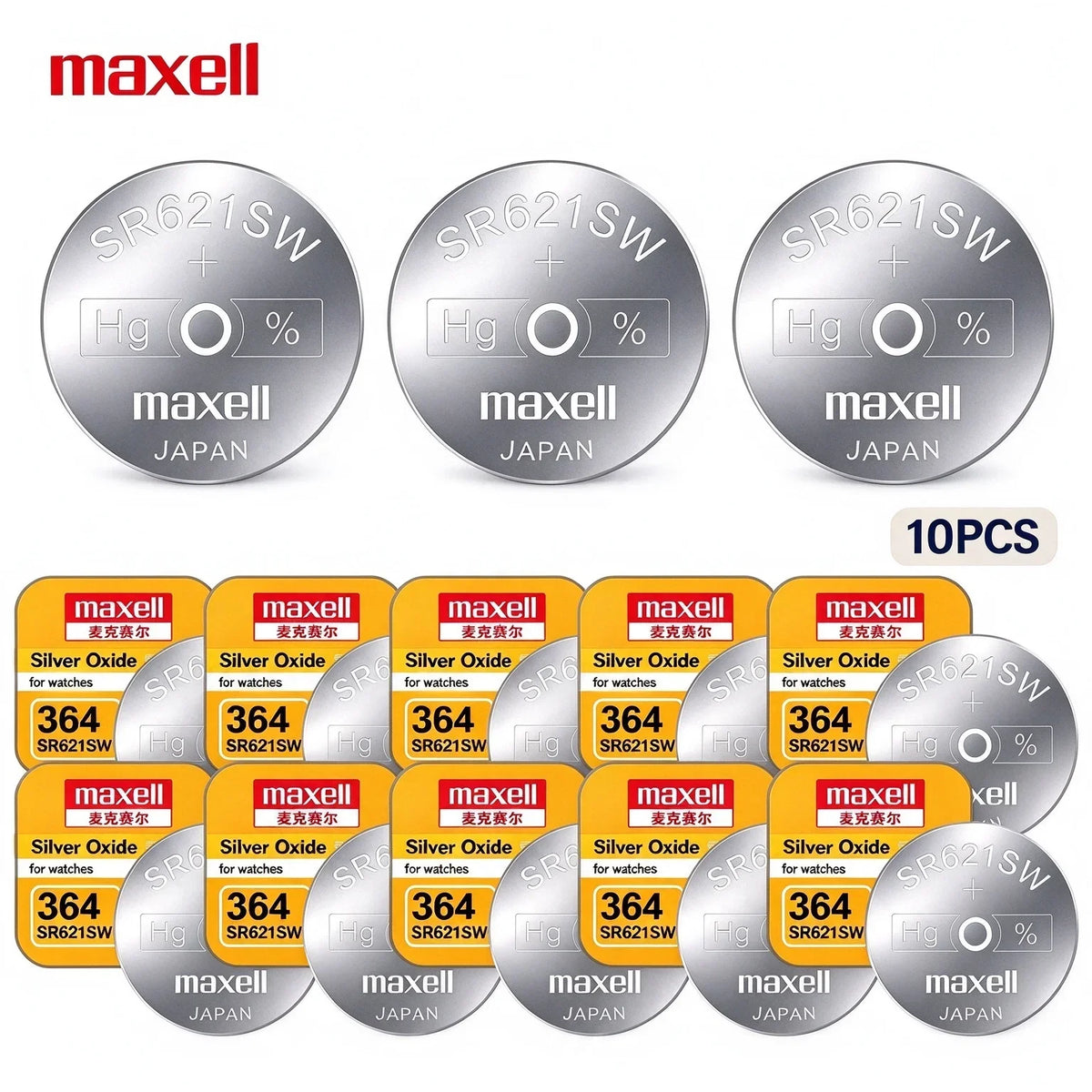 10-100PCS Batteria a bottone Maxell SR621SW 364 in ossido d'argento 1,55V AG1 LR621 per orologio da polso e orologio al quarzo