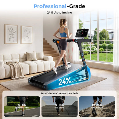 Treadmill Pieghevole FT71 4.0HP, Pedana da Camminata con Inclinazione Automatica del 24%, Macchina da Corsa con APP, Ricarica Wireless, Display LED, Capacità 150KG
