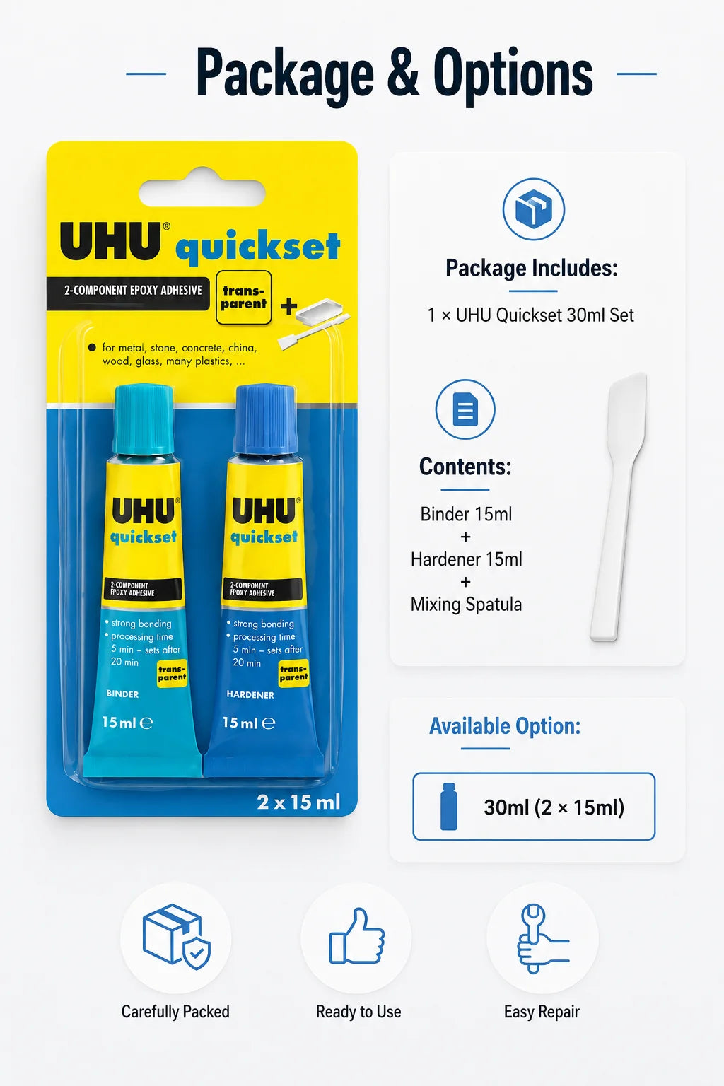 Adesivo Epossidico UHU Quickset 30ml Trasparente Colla Bicomponente AB ad Asciugatura Rapida per Riparazioni di Metallo, Ceramica, Vetro e Plastica