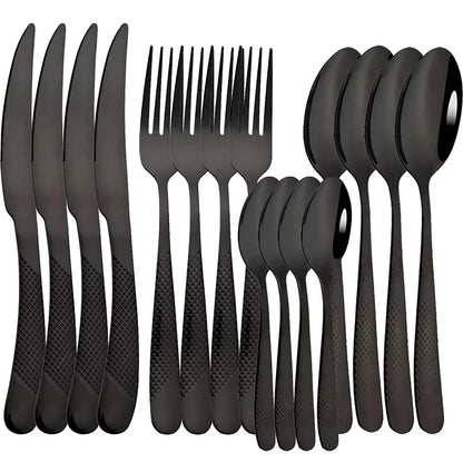 Set di posate in acciaio inossidabile da 16 pezzi - Set di posate nere, lucidate a specchio, lavabili in lavastoviglie, include coltelli, forchette e cucchiai