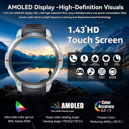 2026 NUOVO Smartwatch con Mappe Offline per Uomo, Display AMOLED HD da 1,43 Pollici, GPS Esterno Integrato, Bussola, Altimetro, Impermeabile 5ATM, Orologio Sportivo per Nuoto, Ciclismo e Corsa