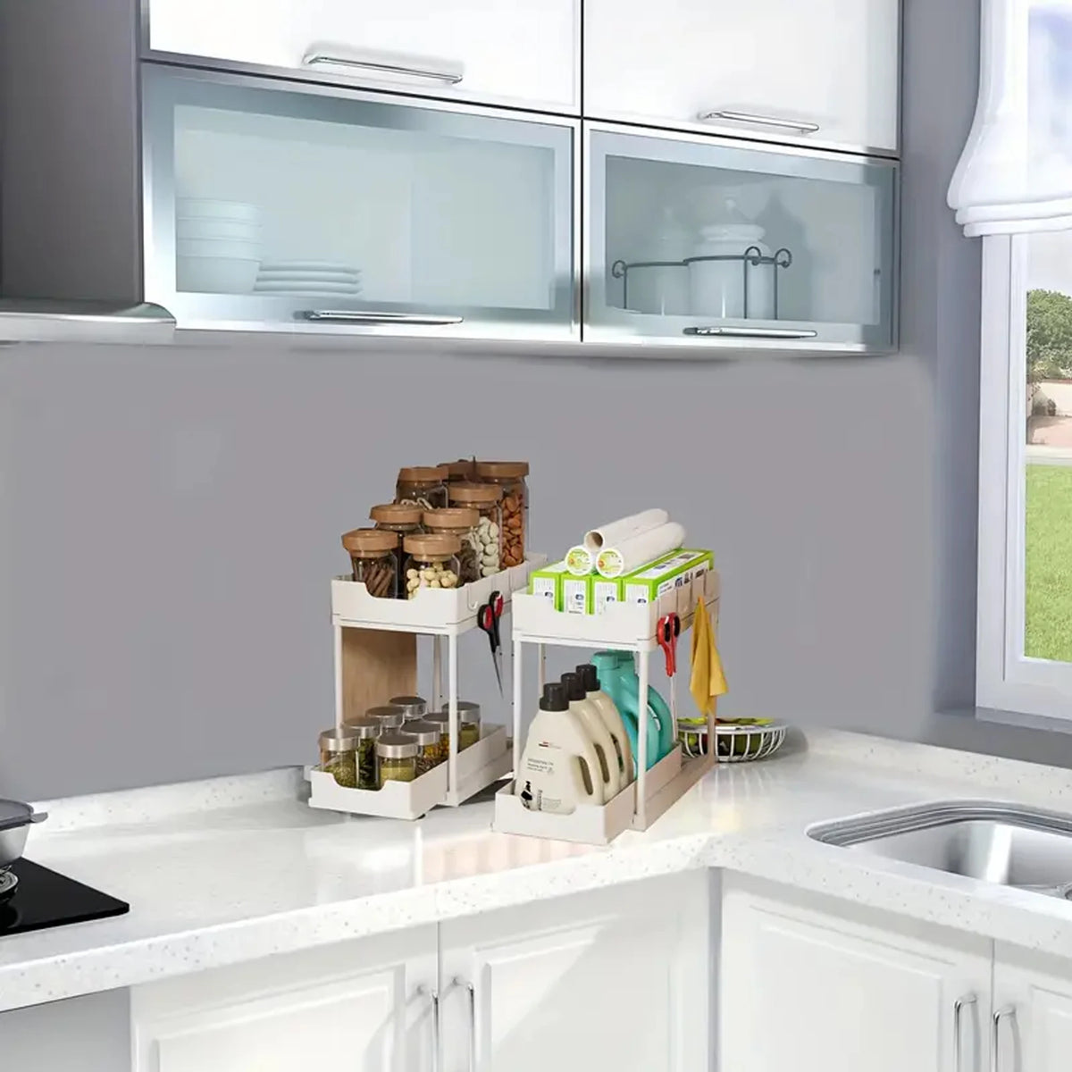 Nuovo Organizzatore Sottolavello a 2 Livelli, Ripiano Scorrevole Estraibile, Scaffale Multifunzione per Cucina e Bagno, Organizzatore Salvaspazio per Armadietti