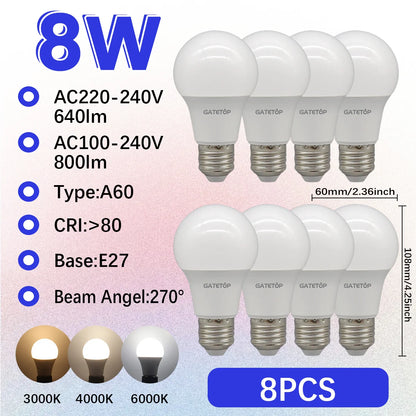 1-10 Pezzi Lampadine LED 8W AC 110V 220V E27, Illuminazione Calda e Diurna, RA80, per Casa, Lampade di Alta Qualità
