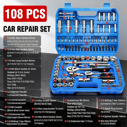 Set di Chiavi a Bussola da 53/82/108/151 Pezzi con Attacco da 1/4", 3/8", 1/2" e Kit di Punte a Cricchetto per Riparazione Auto e Moto, Utensili Manuali da Meccanico con Valigetta