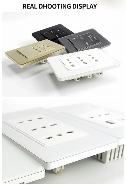 Prese per interruttori a muro T&I con tipo USB  C Ricarica rapida, presa Italia, presa Schuko Cile, pannello in vetro temperato per la casa
