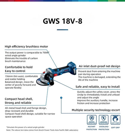 ‌ Smerigliatrice Angolare a Batteria Bosch GWS 18V-8 18V Li-ion Brushless, Utensile Elettrico per Taglio, Levigatura e Lucidatura