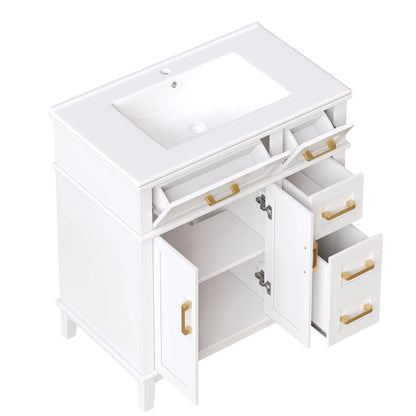Mobile bagno moderno 76x86x46,5 cm con lavabo in ceramica integrato, mobiletto a cassetti autoportante con ampio spazio contenitivo, dotato di chiusura ammortizzata silenziosa e protezione dal troppo pieno del lavabo, elegant