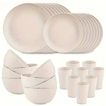 Set di Stoviglie in Plastica da 16/32 Pezzi, Include Piatti Piani, Piattini da Dessert, Ciotole e Tazze, per Uso Domestico e Ristorazione