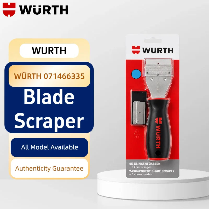 Wurth 071466335 Raschietto Professionale per Vetro con Lama da 40mm, Rimuovi Adesivi e Residui di Colla, Manico Antiscivolo con 6 Lame